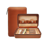 Tan leather cigar humidor case opened on tabletop