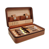 Open tan leather cigar humidor with cedar lining and accessory compartment