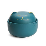 Teal happy cat ashtray with lid and cute smiling cat face design