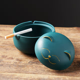 Teal cat ashtray with lid for patio, balcony and tabletop smoking areas