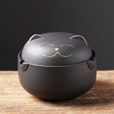 Black happy cat ashtray with lid and gold cat face detail