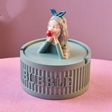 Bubblegum girl covered resin ashtray with cute figurine lid and blue base