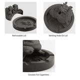 Collage showing cement ashtray base and lid, underside, and detail views